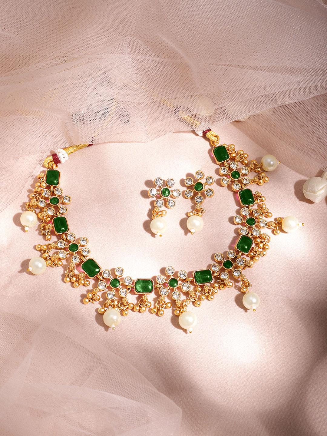 Buy Rubans 22K Gold Plated Emerald & Zirconia Studded Necklace Set With Gold & Pearl Beaded -  - Accessories for Women
