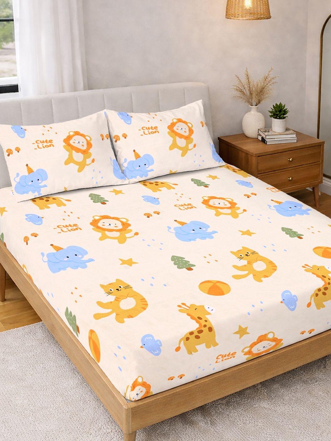 Buy FABINALIV Cream Cartoon Characters Polycotton 300 TC Bedsheet & 2 Pillow Covers -  - Home for Unisex Kids