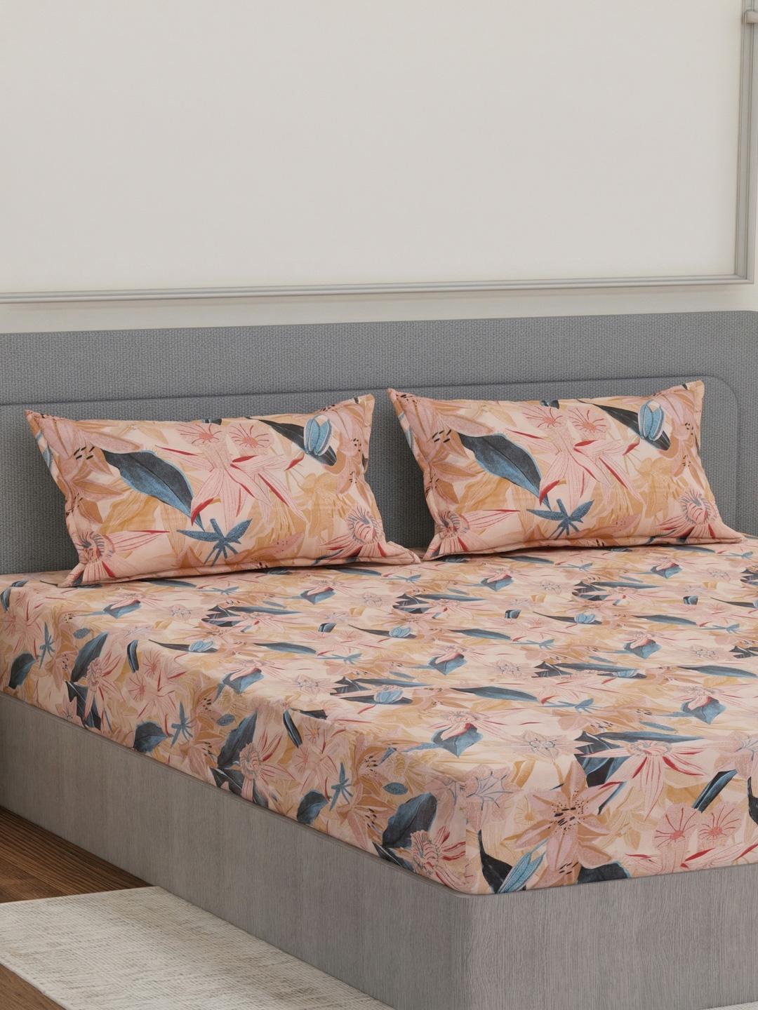 Buy Monte Carlo Brown Leaf Printed King Bedsheet With 2 Pillow Covers 106