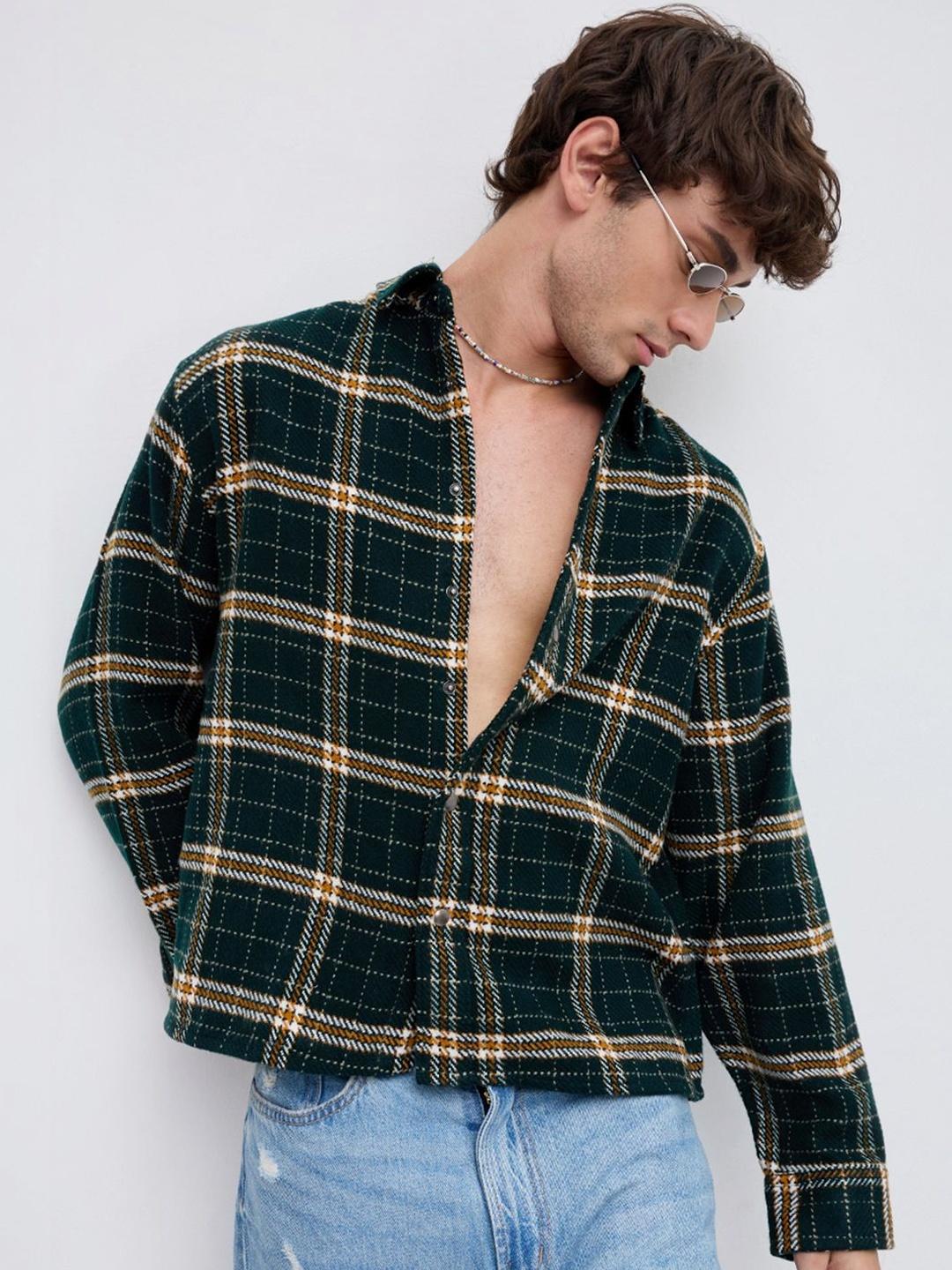 VASTRADO Forest Green Tartan Checked Boxy Fit Crop Flannel Shirt