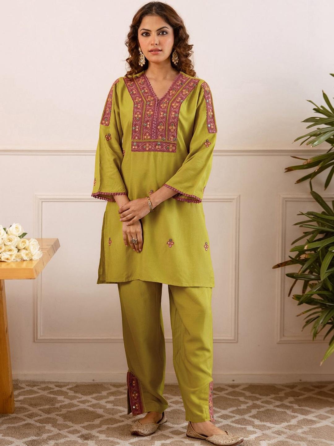 Buy SKYLEE Embroidery Lace Mustard Yellow Rayon Co Ords For Women -  - Apparel for Women