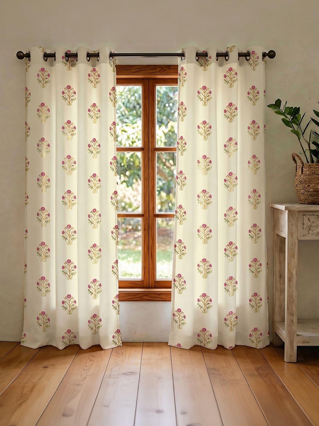 Buy URBAN SPACE Off White Set Of 2 Floral Room Darkening Long Cotton Door Curtain -  - Home for Unisex