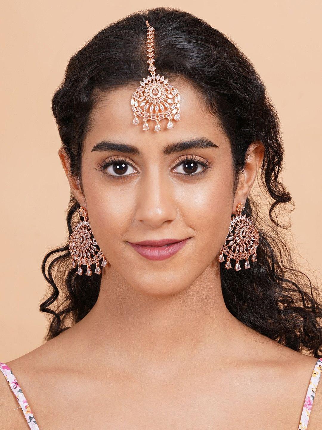 Buy StileAdda Rose Gold Plated Contemporary Drop Earrings With Mangtika - - Accessories for Women