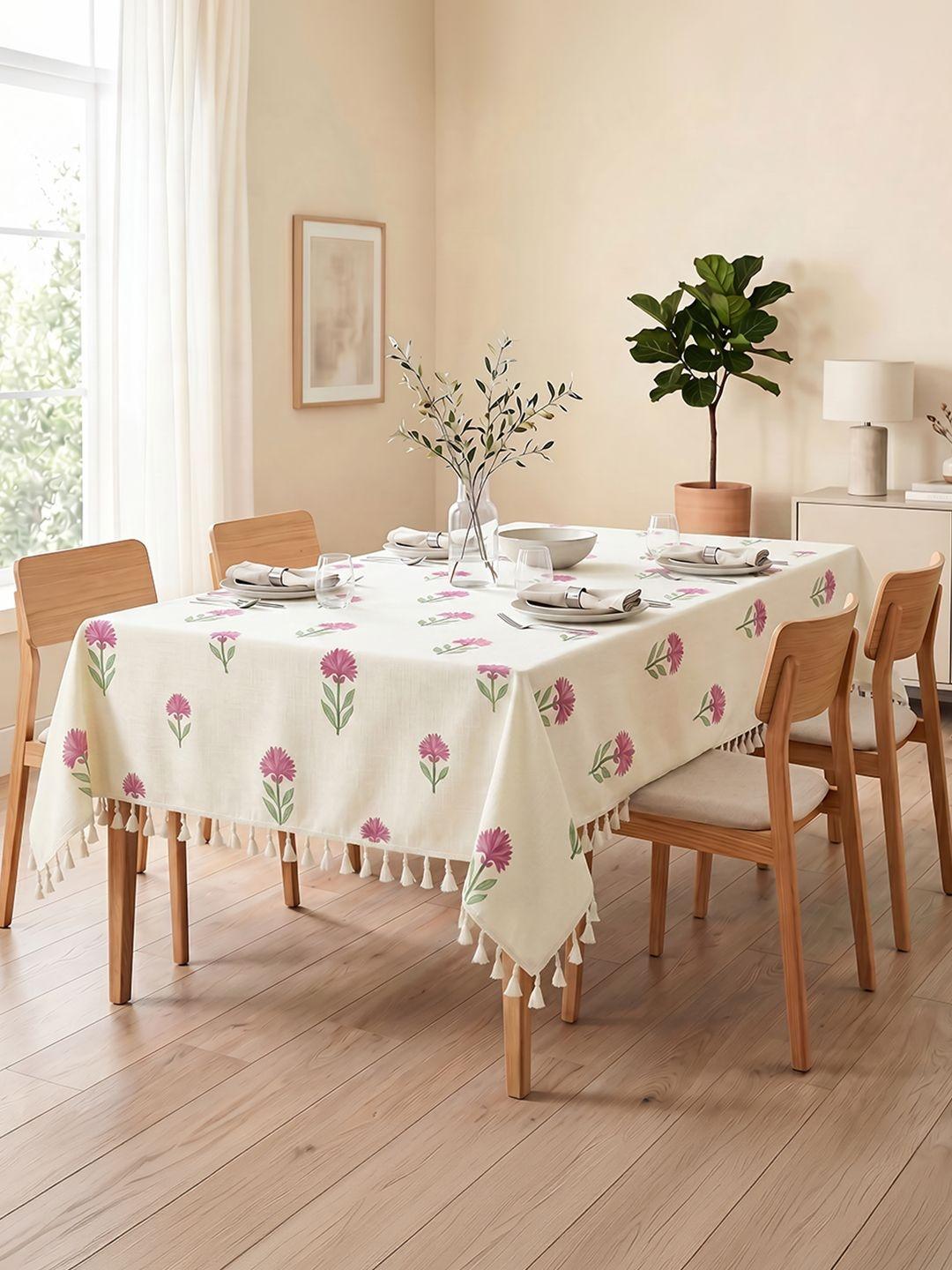 Buy URBAN SPACE Off White Floral Anti Skid Cotton 6 Seater Table Cover With Textured Details -  - Home for Unisex