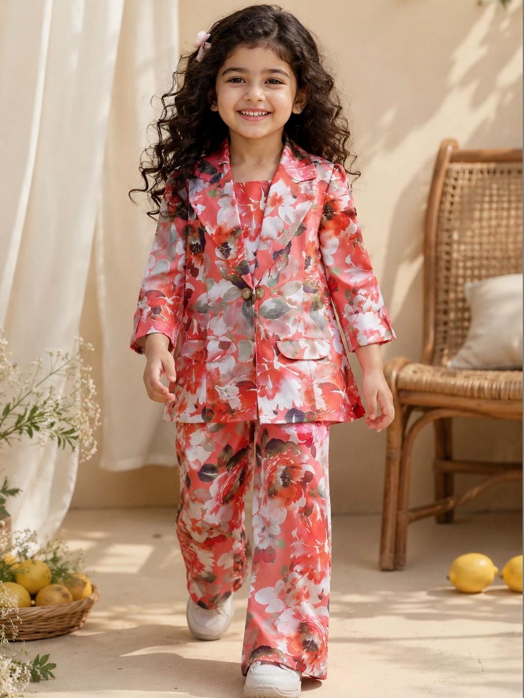 Buy Aj DEZInES Girls Floral Printed Notch Lapel Collar Pure Cotton Top With Trouser & Clothing Set - - Apparel for Girls