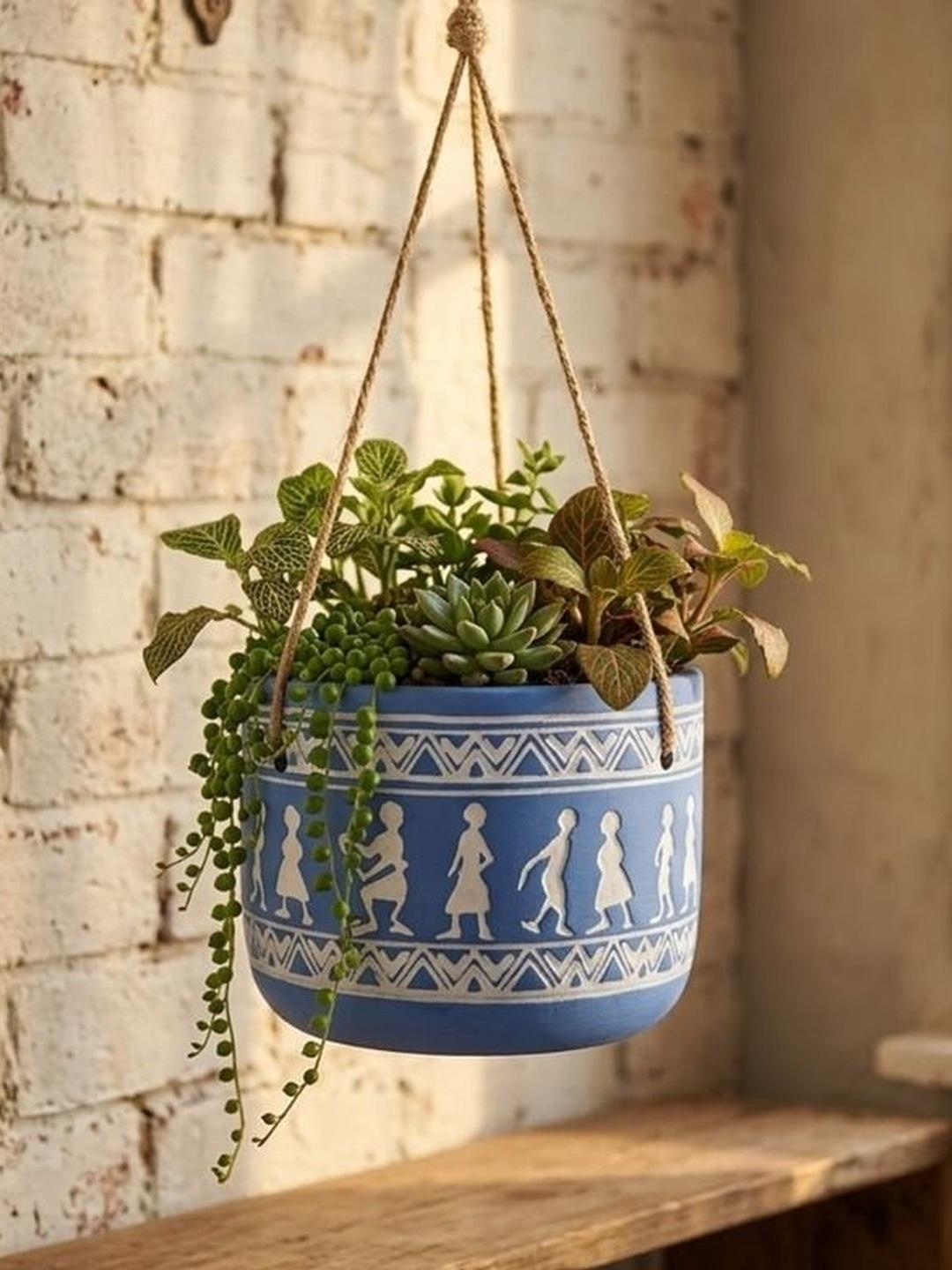 Buy Wonderland Blue & White Printed Round Hanging Planter - - Home for Unisex