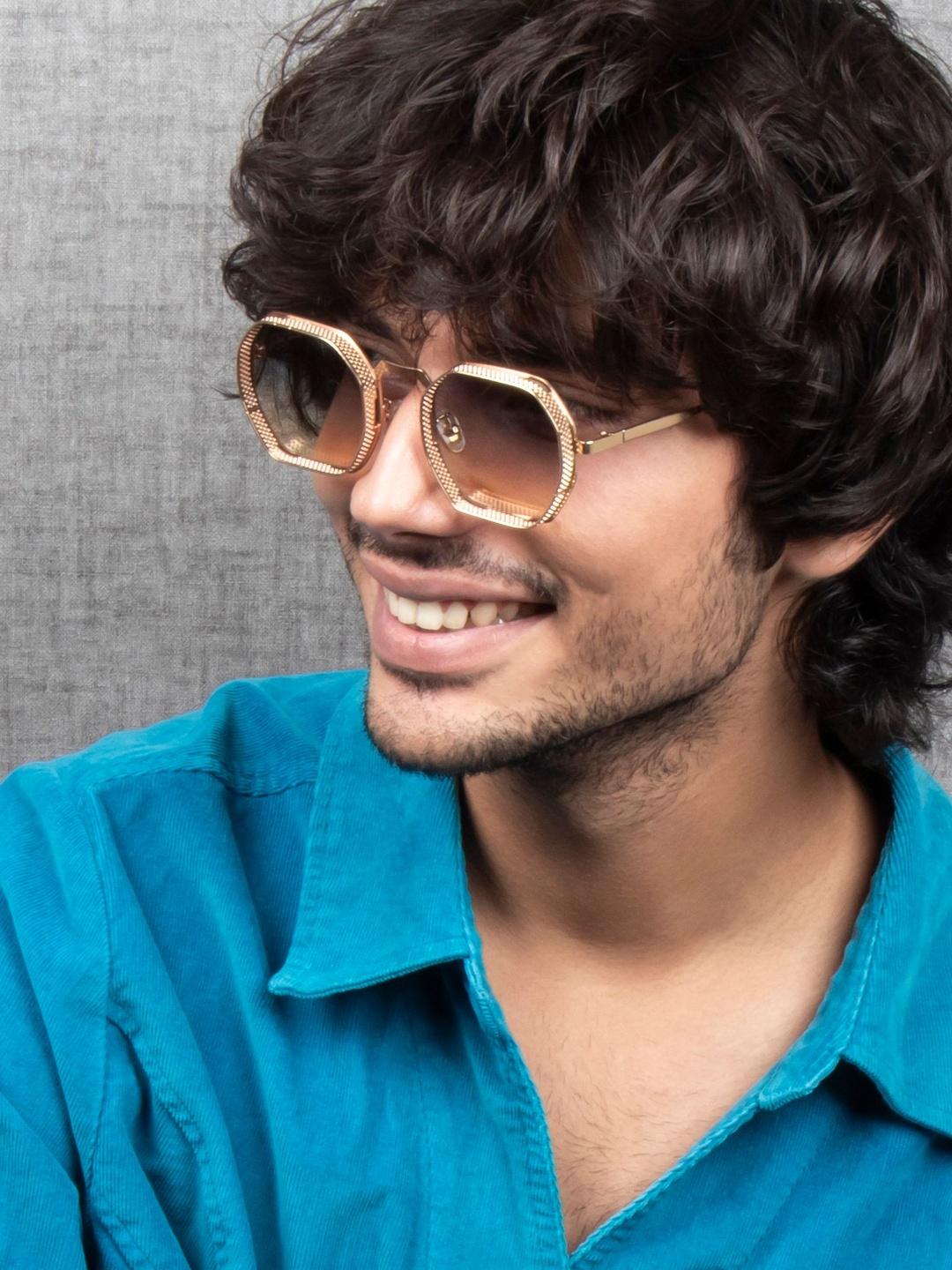 Buy Ted Smith Unisex Hexagon Gold Blue Yellow Metal Sunglasses With Uv Protected Lens - - Accessories for Unisex