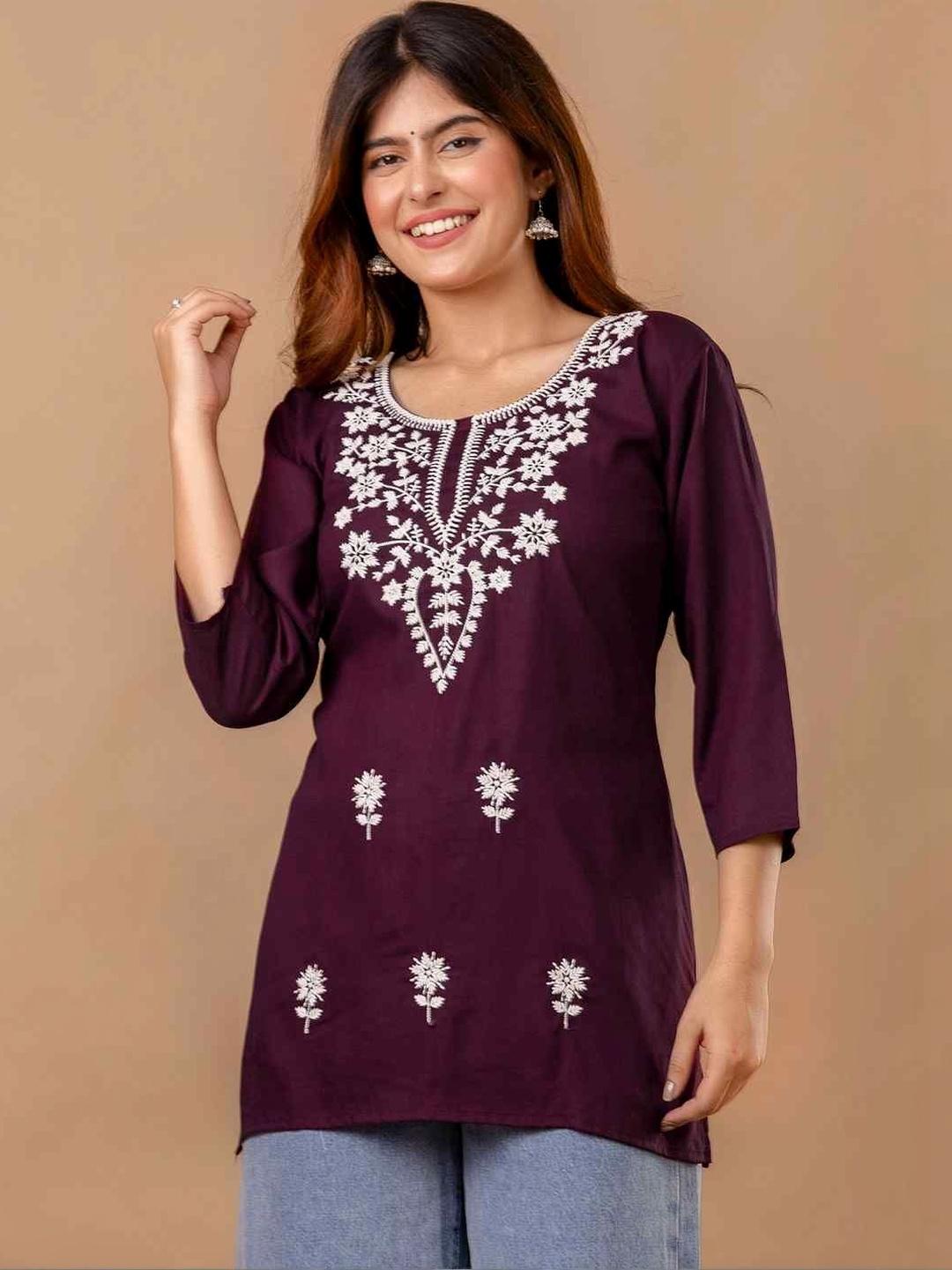 Buy ANGIYA Floral Embroidered Chikankari Chikankari Kurti - Kurtis for ...