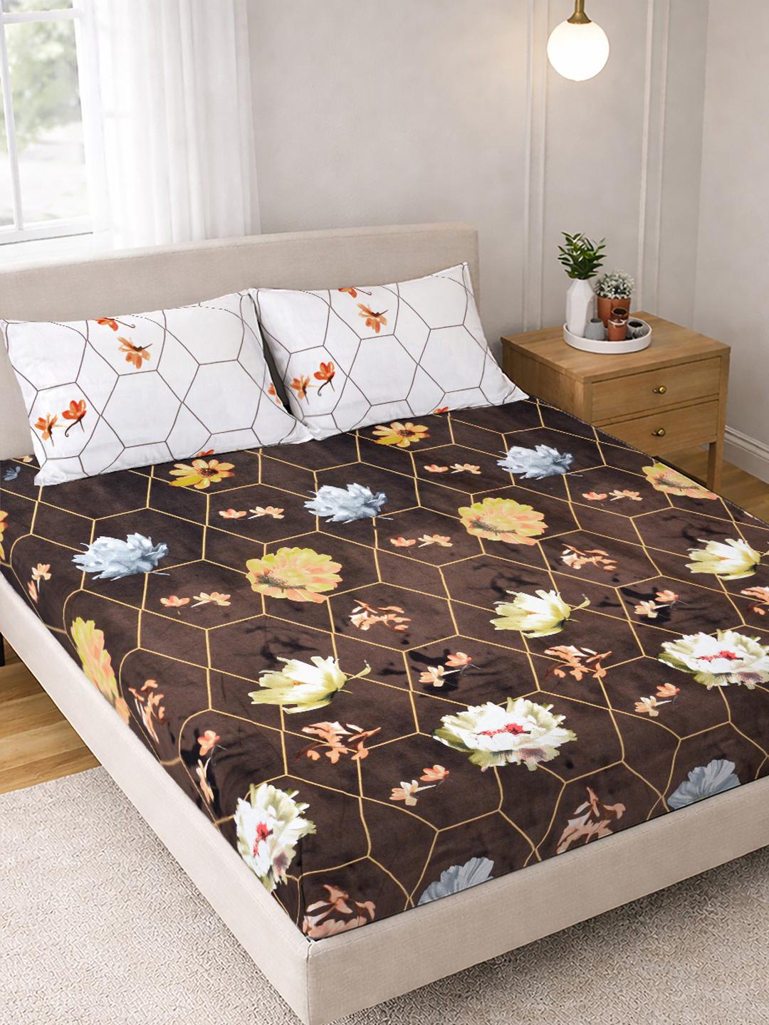 Buy FABINALIV Brown Floral Pollycotton 300 TC Super King Bedsheet With 2 Pillow Covers - - Home for Unisex
