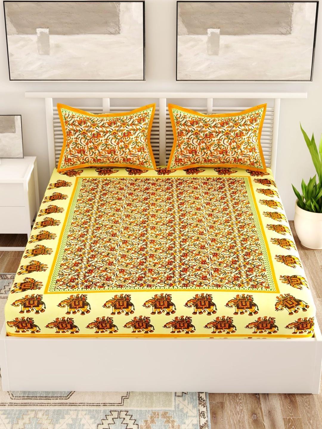 Buy Aura Yellow & White Floral Cotton 120 TC Queen Bedsheet With 2 Pillow Covers -  - Home for Unisex