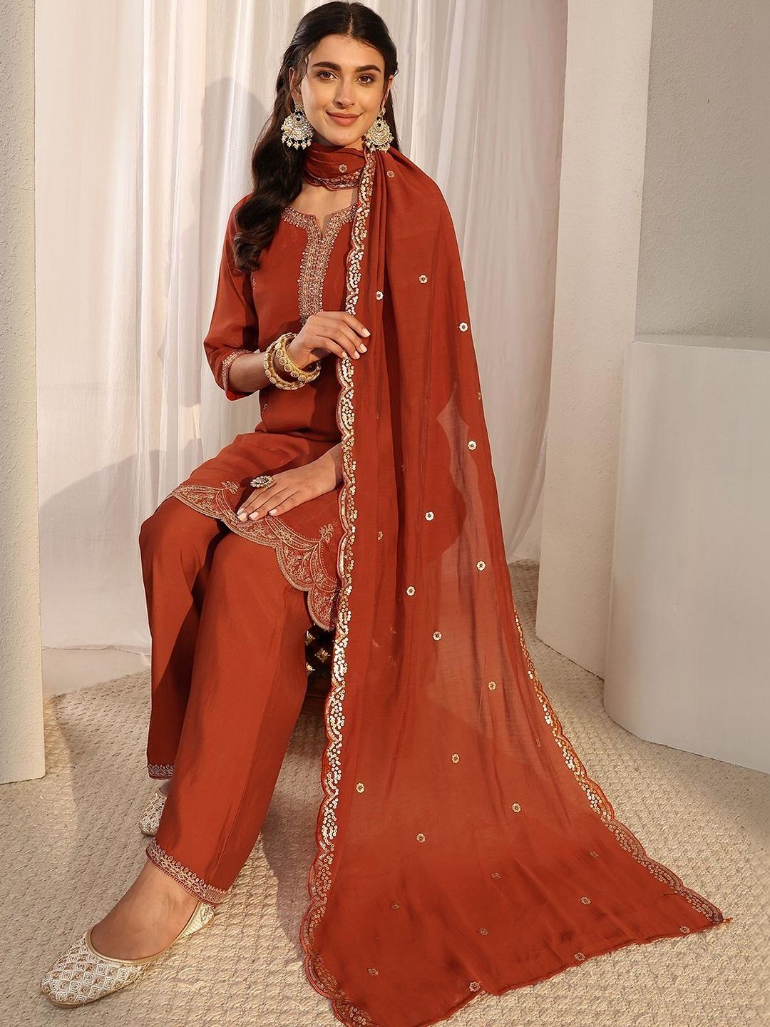 Buy Libas Rust Embroidered Chanderi Silk Straight Suit Set With Dupatta ...