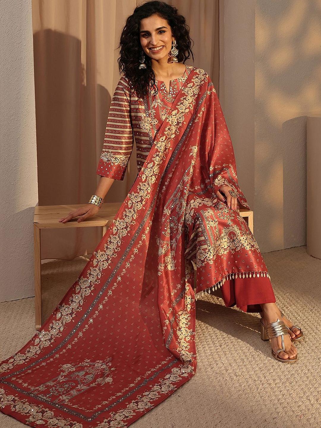 Buy Libas Rust Ethnic Printed Straight Suit Set With Dupatta - Kurta ...