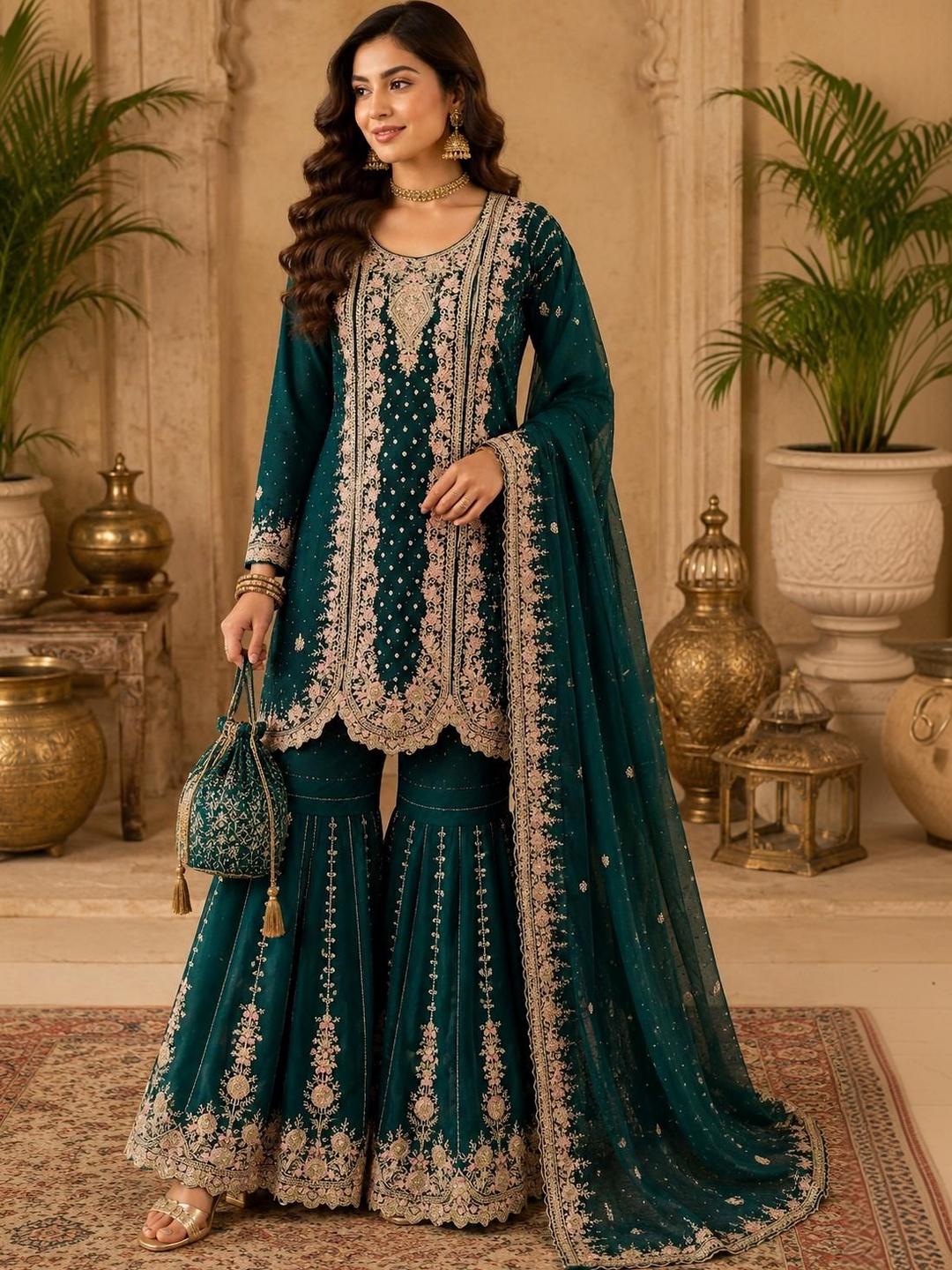 Buy COCFI Women Ethnic Motifs Embroidered Regular Kurta With Sharara ...