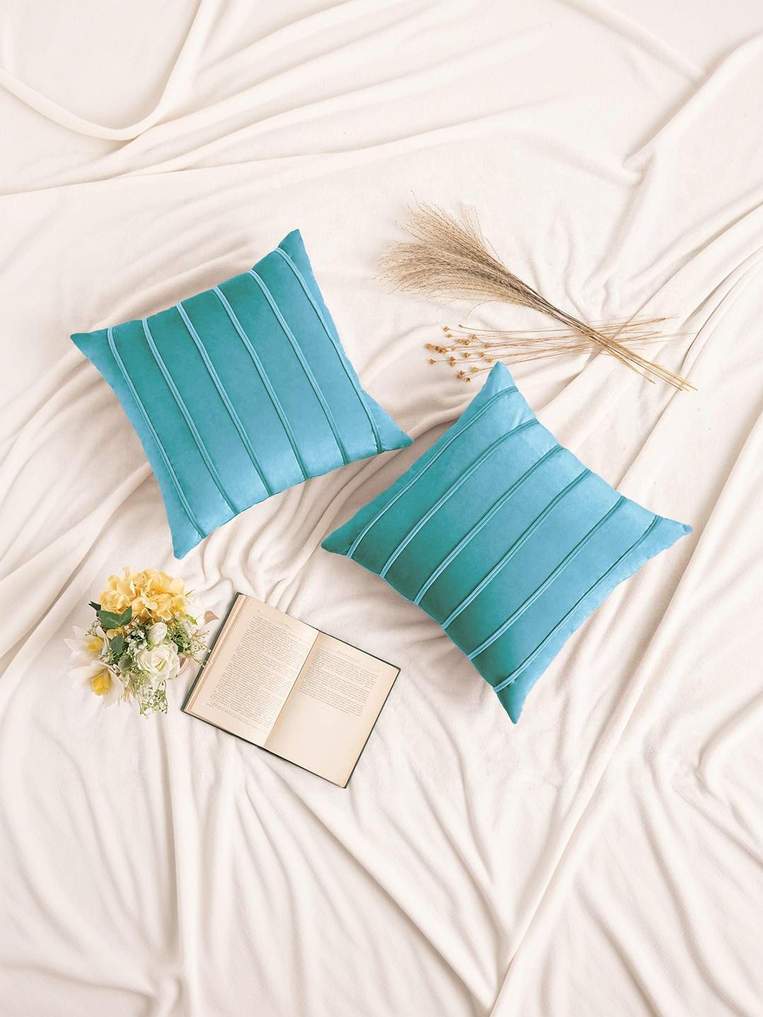 Buy Khooti Turquoise Blue Set Of 2 Striped Velvet Square Cushion Covers - - Home for Unisex