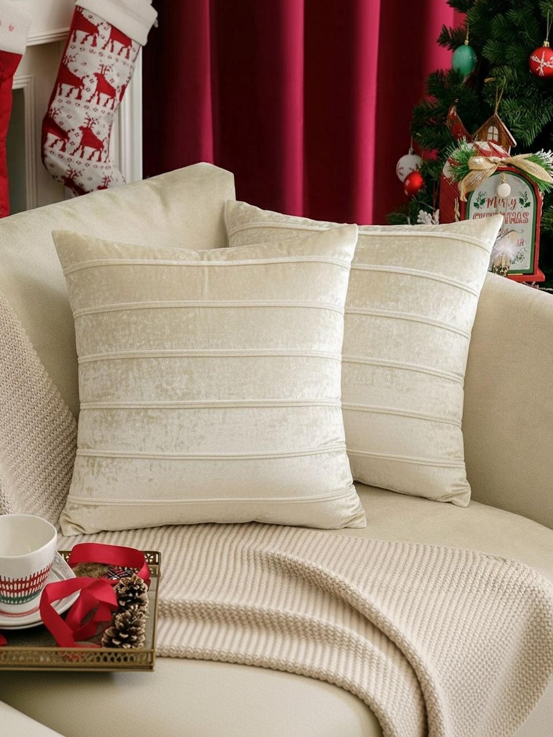 Buy Khooti Cream Coloured Set Of 2 Velvet Square Cushion Covers - - Home for Unisex