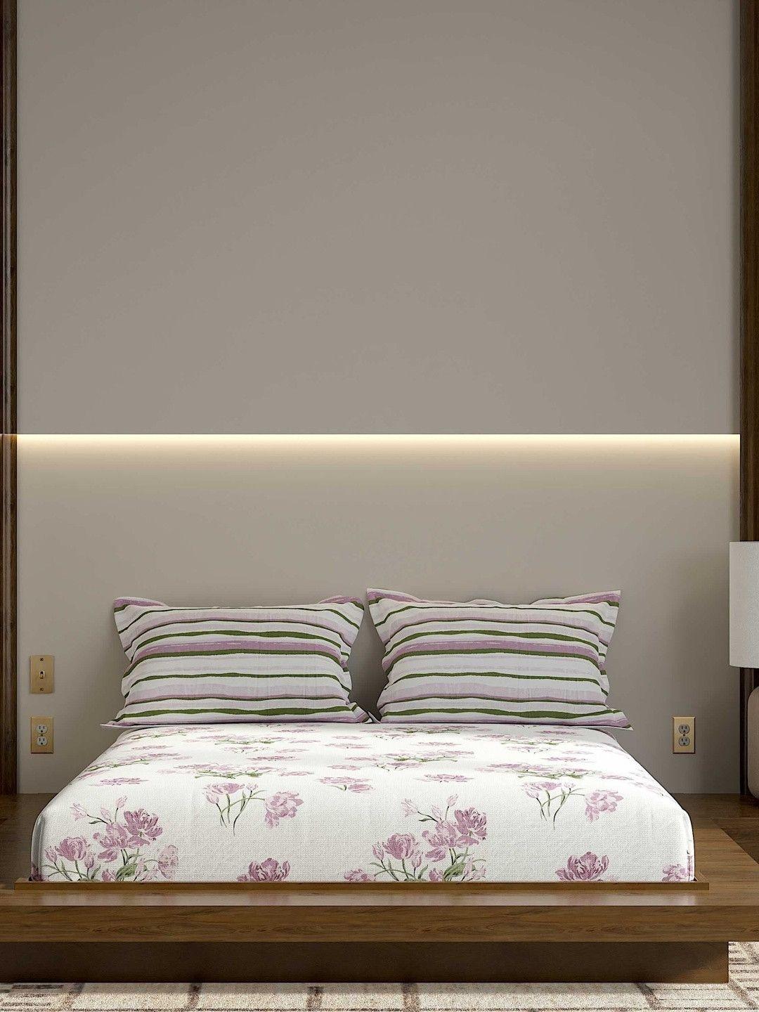 Buy Pure Decor White Floral 180 TC Cotton Elastic Fitted Double Bedsheet & 2 Pillow Covers - - Home for Unisex