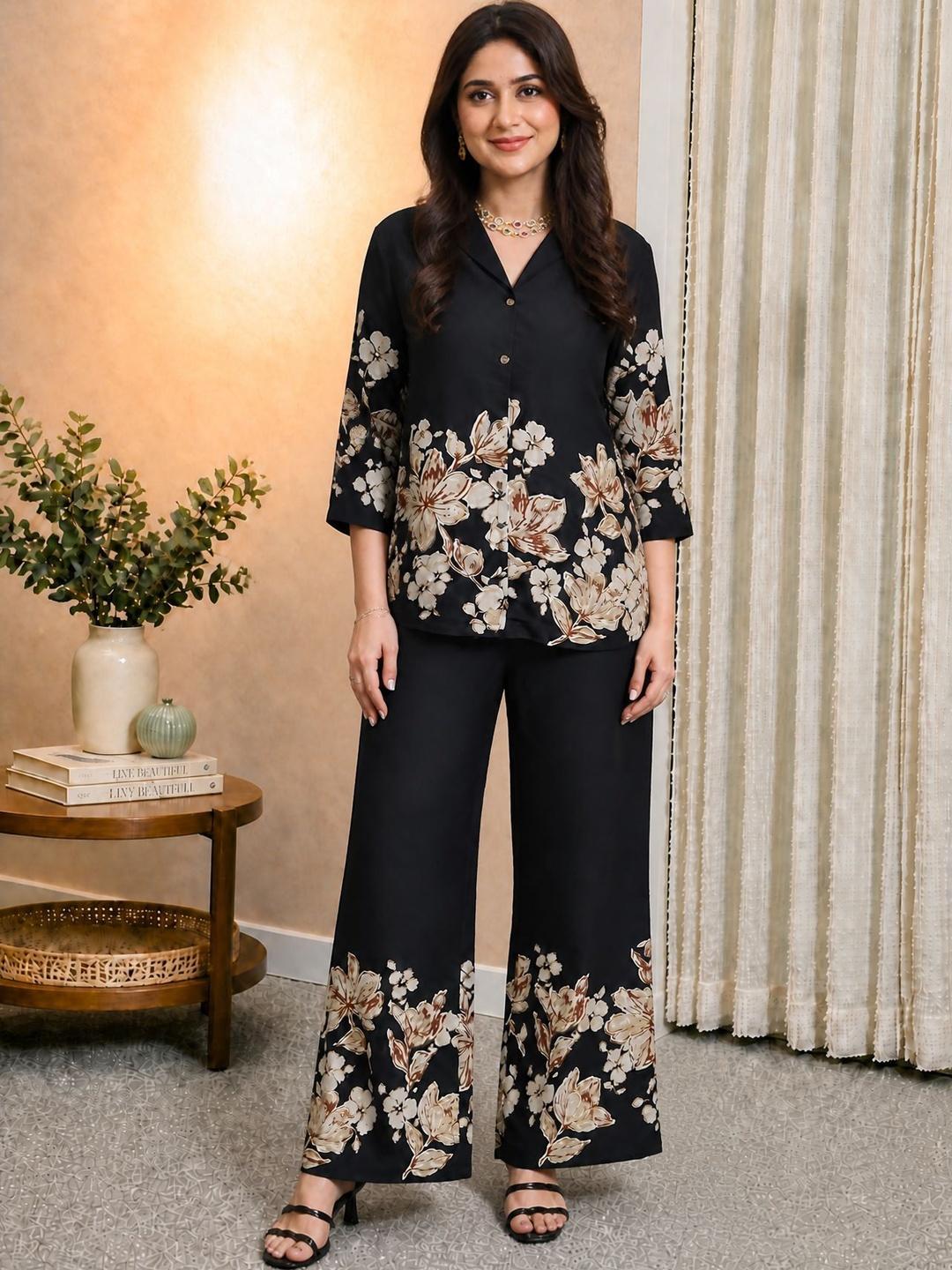 Buy Claura Floral Printed Lapel Collar Shirt With Trousers Co Ord Set -  - Apparel for Women