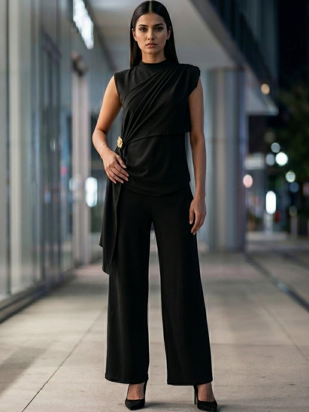 Buy AASK Black Solid Top With Palazzos Sleeveless Co Ord Set -  - Apparel for Women