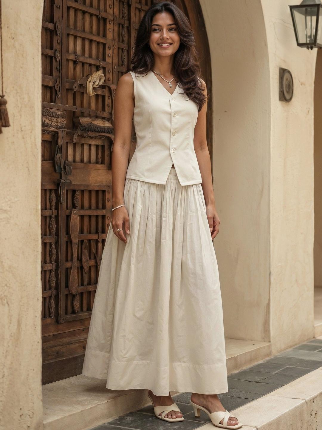 Buy AASK Cream Cotton Solid Top With Skirt Flared Sleeveless Co Ord Set - - Apparel for Women