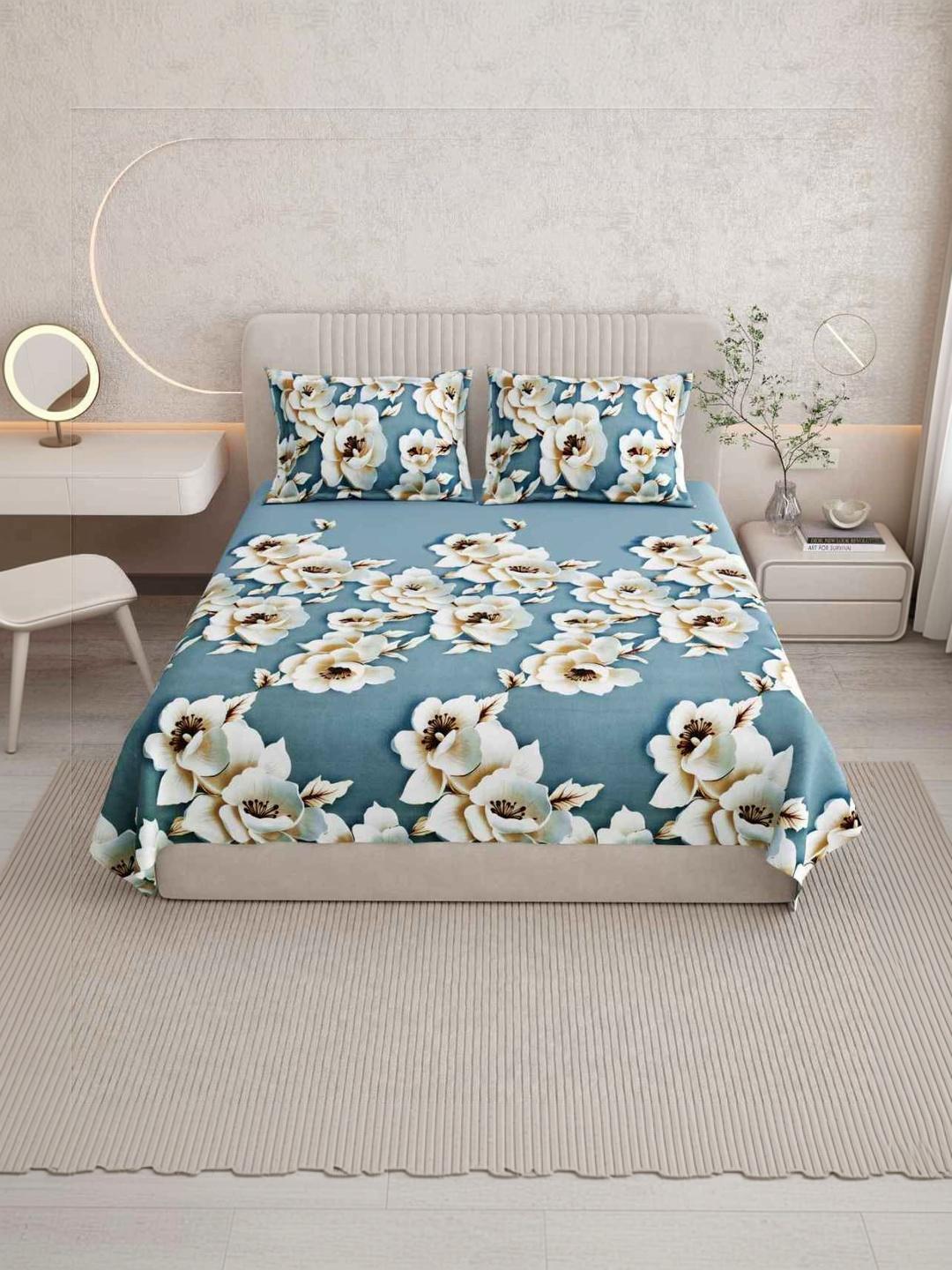 Buy DREAM WEAVERZ Blue & Multicoloured Floral 210 TC Bedsheet With 2 Pillow Covers - - Home for Unisex