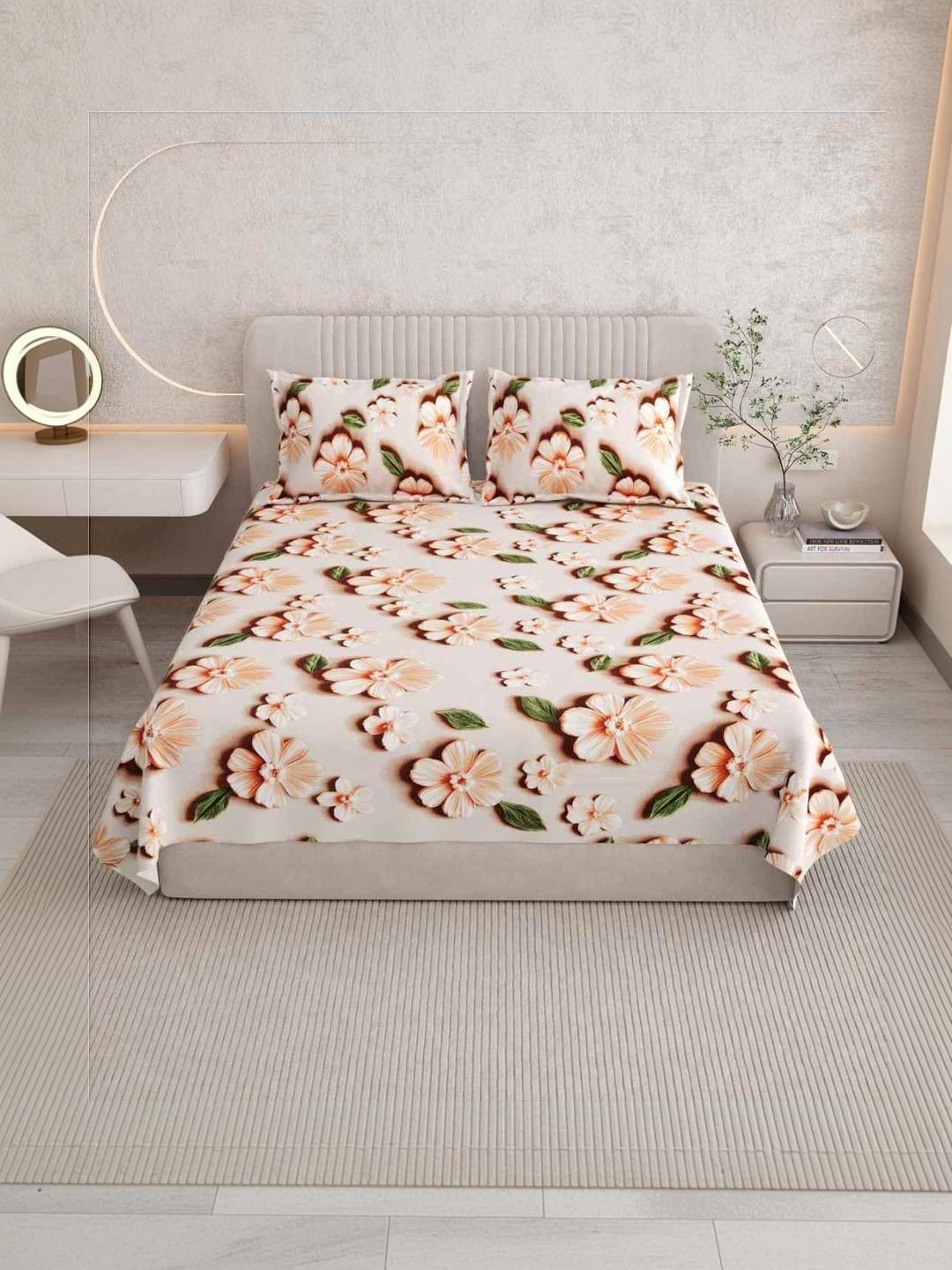 Buy DREAM WEAVERZ Cream Coloured & Multicoloured Floral 210 TC King Bedsheet With 2 Pillow Covers -  - Home for Unisex