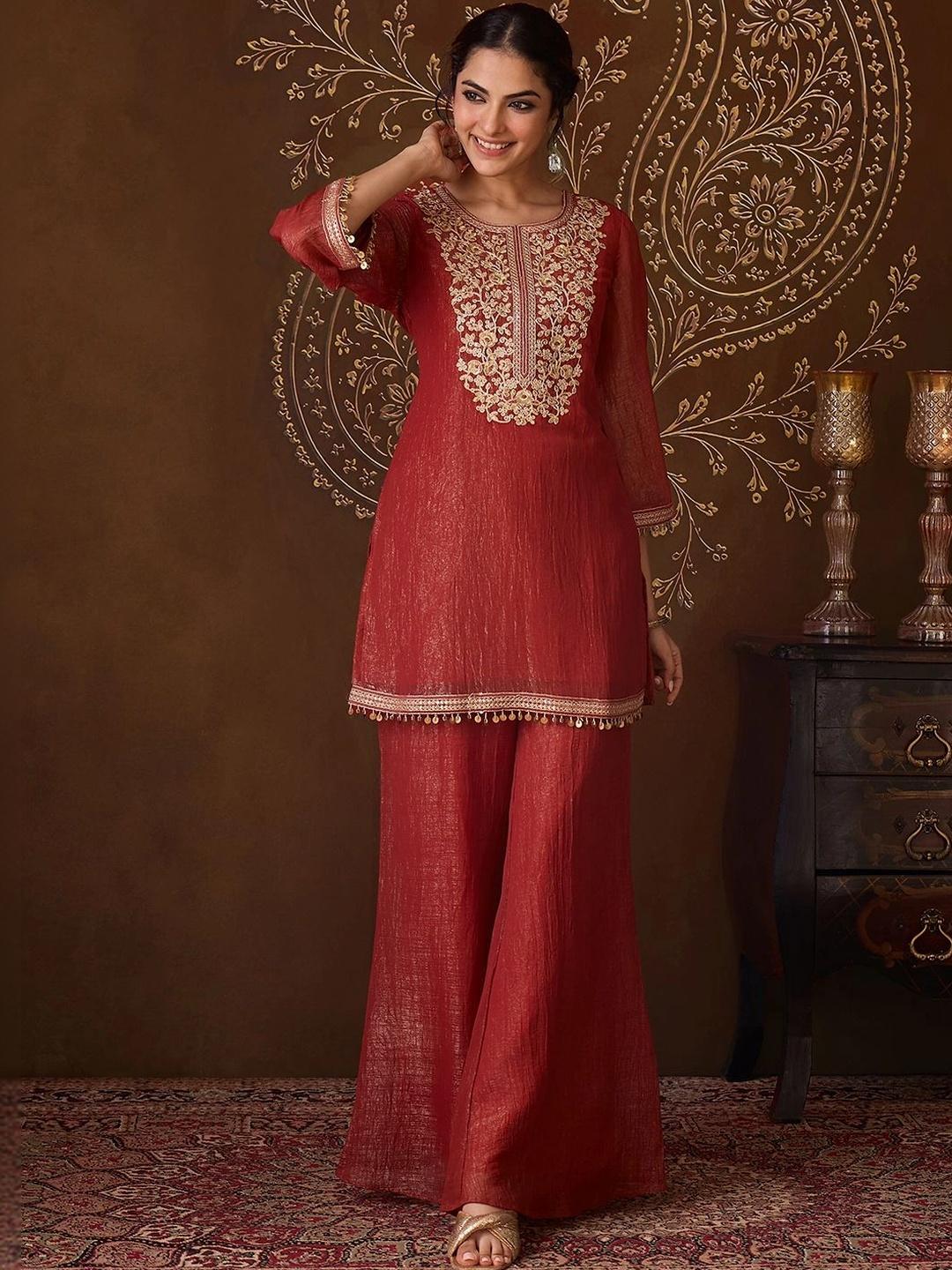 Buy Janasya Women's Rust Tissue Silk Floral Zari Yoke Embroidered ...