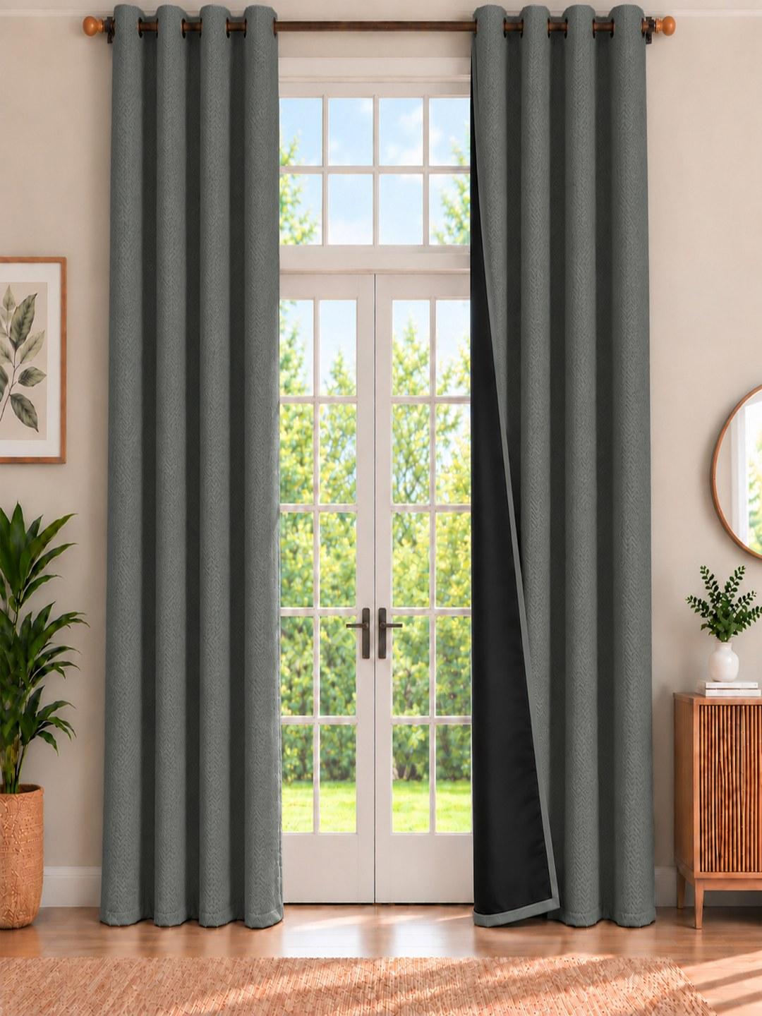 Buy HOMEMONDE Set Of 2 Blackout Self Design Polyester Eyelet Long Door Curtains 10 Feet - - Home for Unisex