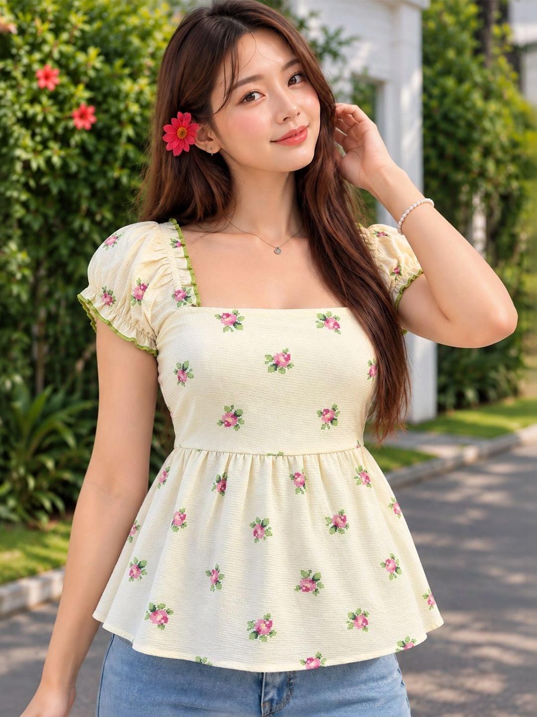 Flowral Top Buy Amarasha Floral Print Puff Sleeve Peplum Top - Tops for Women ...