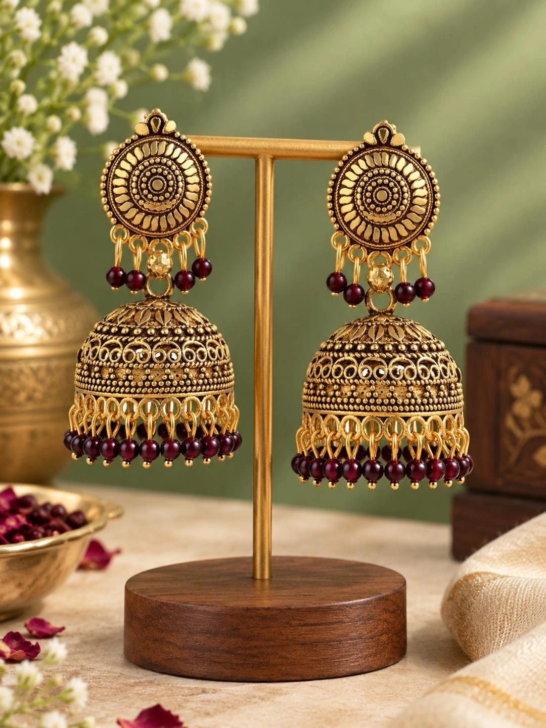Buy ANIKAS CREATION Maroon & Gold Plated Dome Shaped Jhumkas -  - Accessories for Women