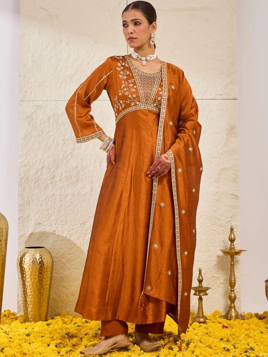 Buy MOKOSH Women Rust Silk Anarkali Kurta And Pant Set With Dupatta ...