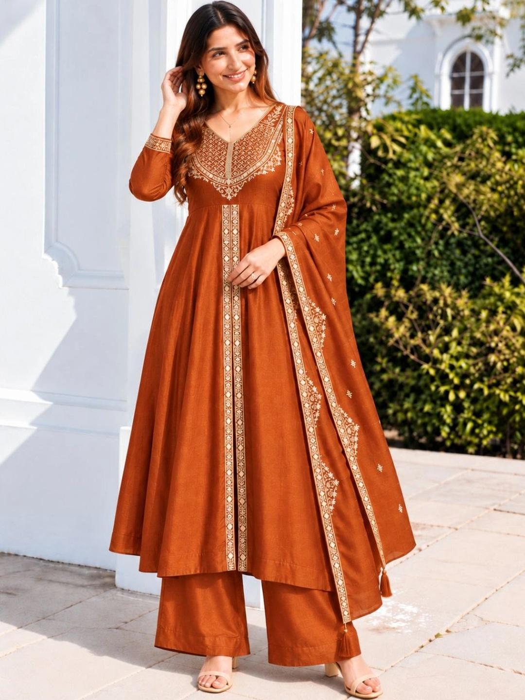Buy Women Rust Silk Embroidered Anarkali Kurta And Pant Set With ...