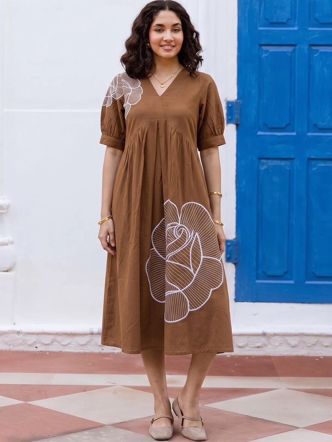 Buy ZUMMER Floral Embroidered Puff Sleeve A Line Midi Dress - Dresses ...