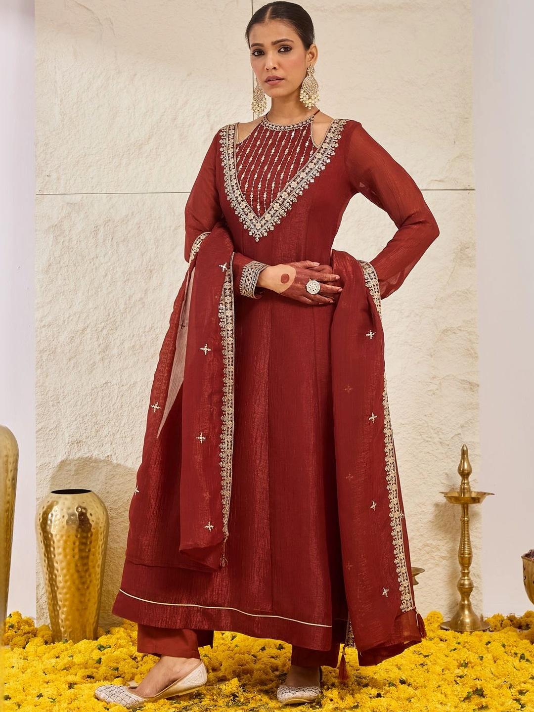 Buy Women Rust Silk Embroidered Anarkali Kurta And Pant Set With ...