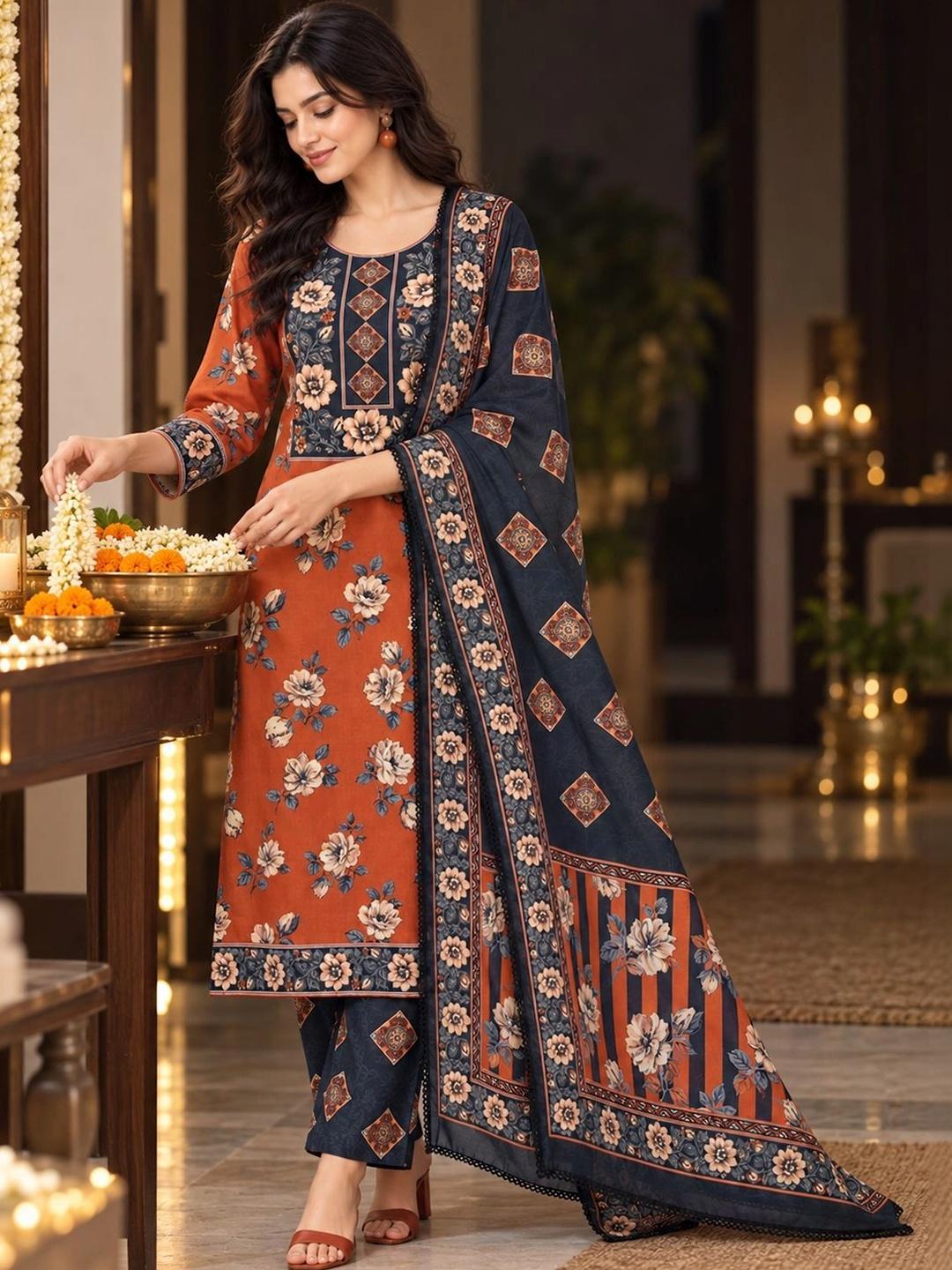 Buy Anouk Women's Rust & Black Floral Printed Cotton Blend Kurta Set ...