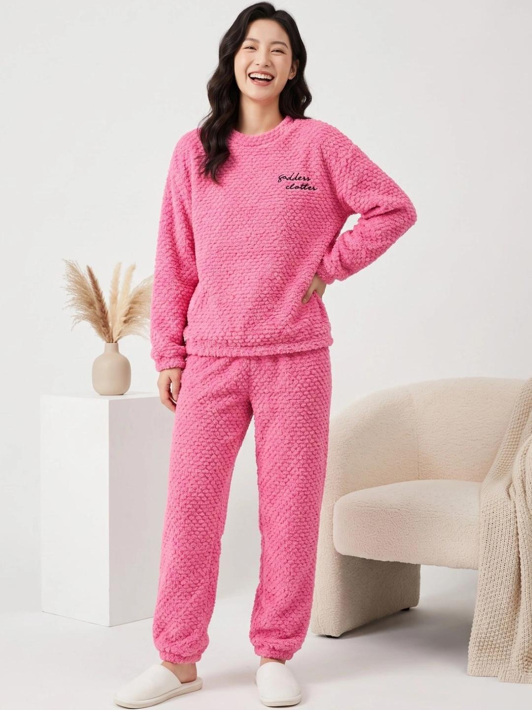Buy Stem Rope Women Dark Pink Textured Round Neck Winter Top And Pyjama ...