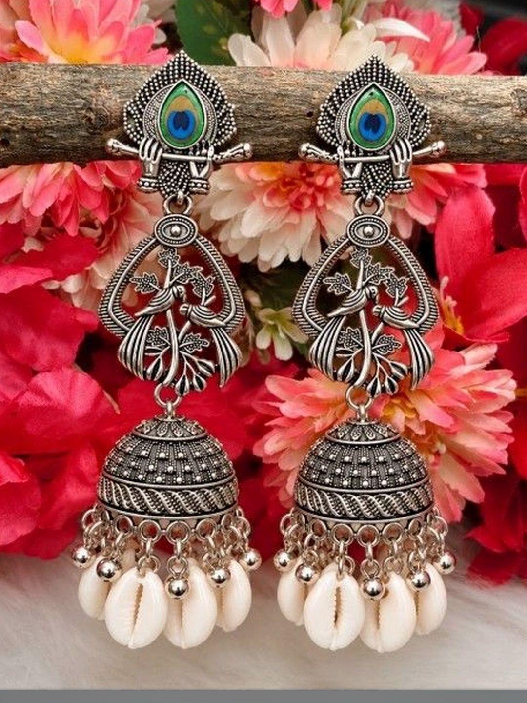 Buy AKISON JEWELS Oxidised Silver Peacock Design With Shell Drops ...