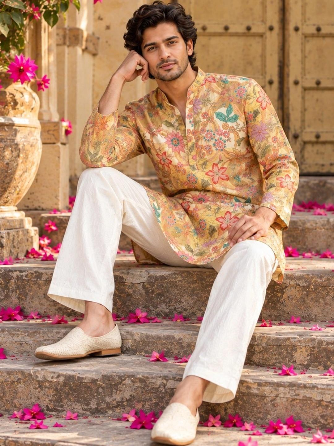 Buy MANQ Men Floral Embroidered Regular Thread Work Kurta With Pyjamas ...