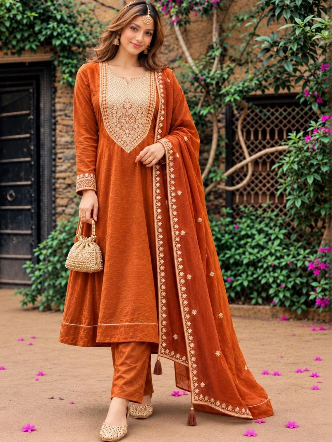 Buy MOKOSH Women Rust Orange Silk Embroidered Anarkali Kurta And Pant ...