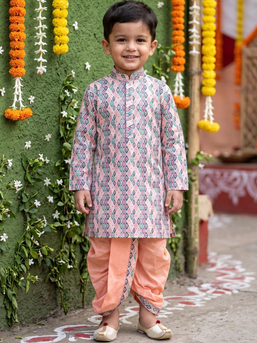Buy BAESD Boys Printed Regular Dupion Silk Kurta With Dhoti Pants ...