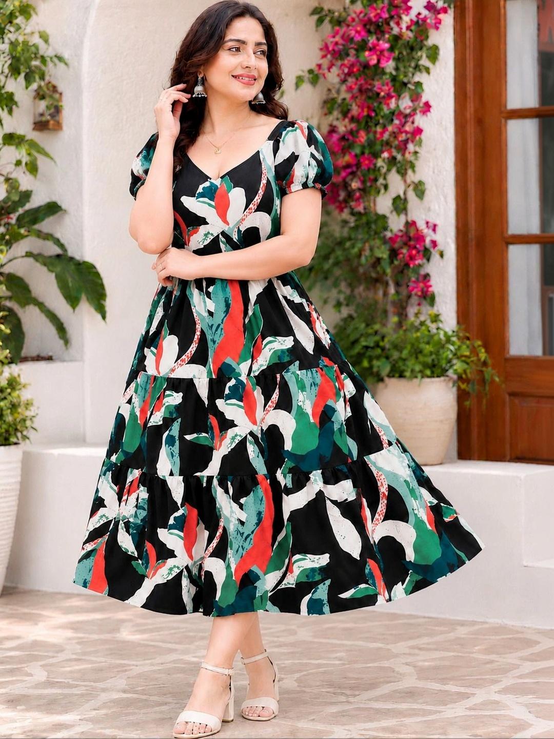 Buy Chaukas Print Puff Sleeve A Line Midi Dress - Dresses for Women ...