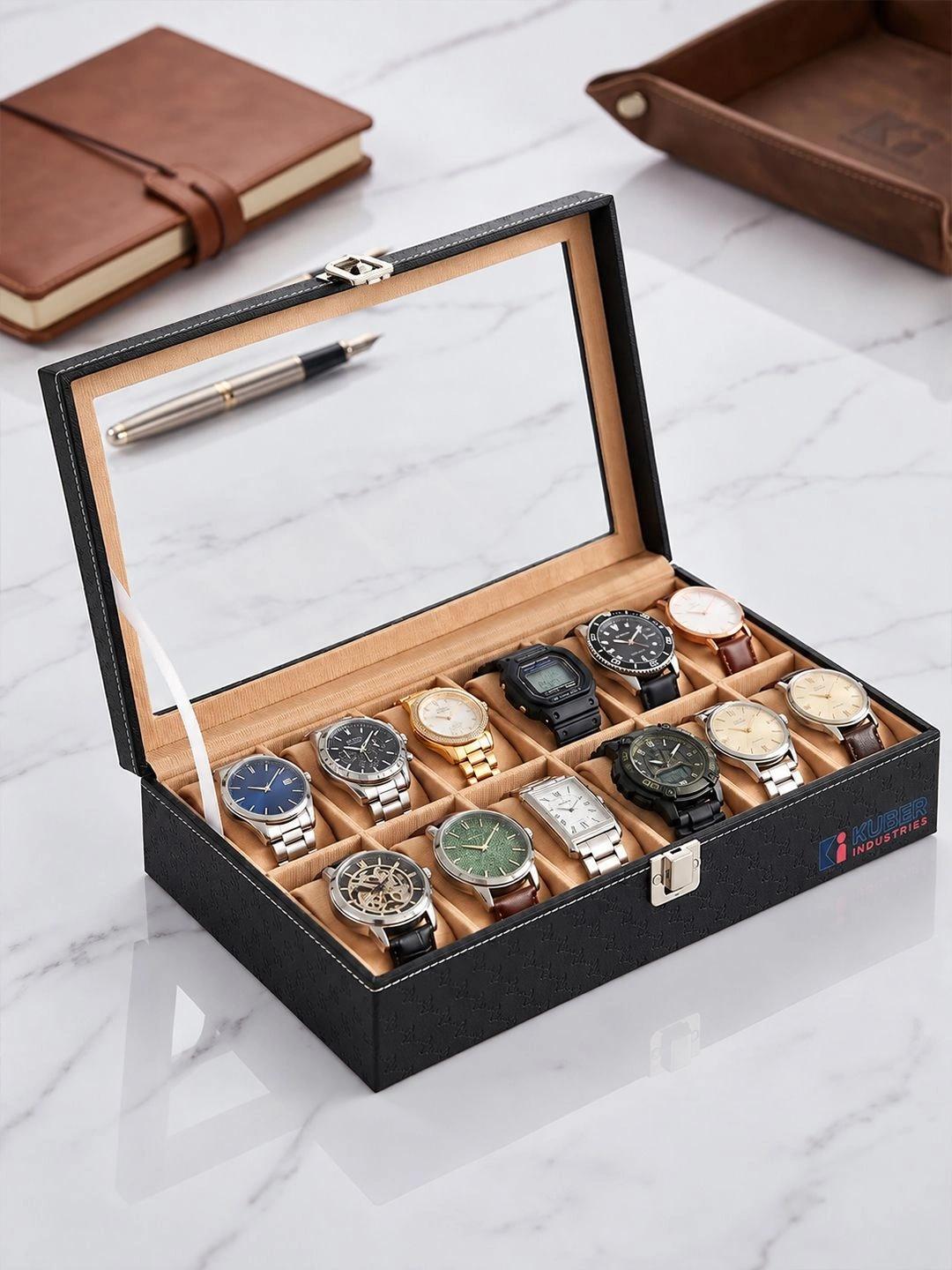 Buy Kuber Industries Men 12 Slots Black Faux Leather Watch Organiser ...