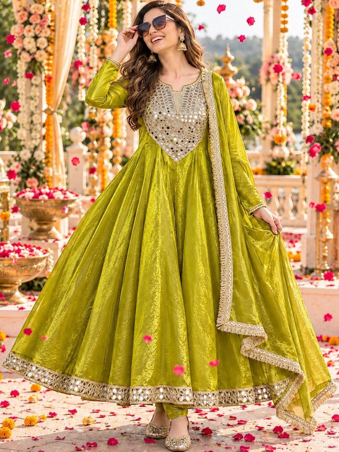 Buy Berrylicious Women Mirror Work Kurta With Churidar & With Dupatta ...