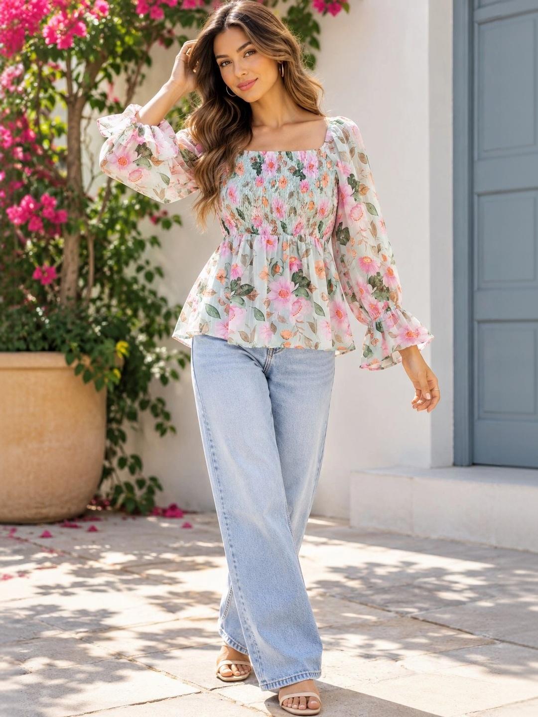Flowral Top Buy Fuchsia Floral Print Puff Sleeve Peplum Top - Tops for Women ...