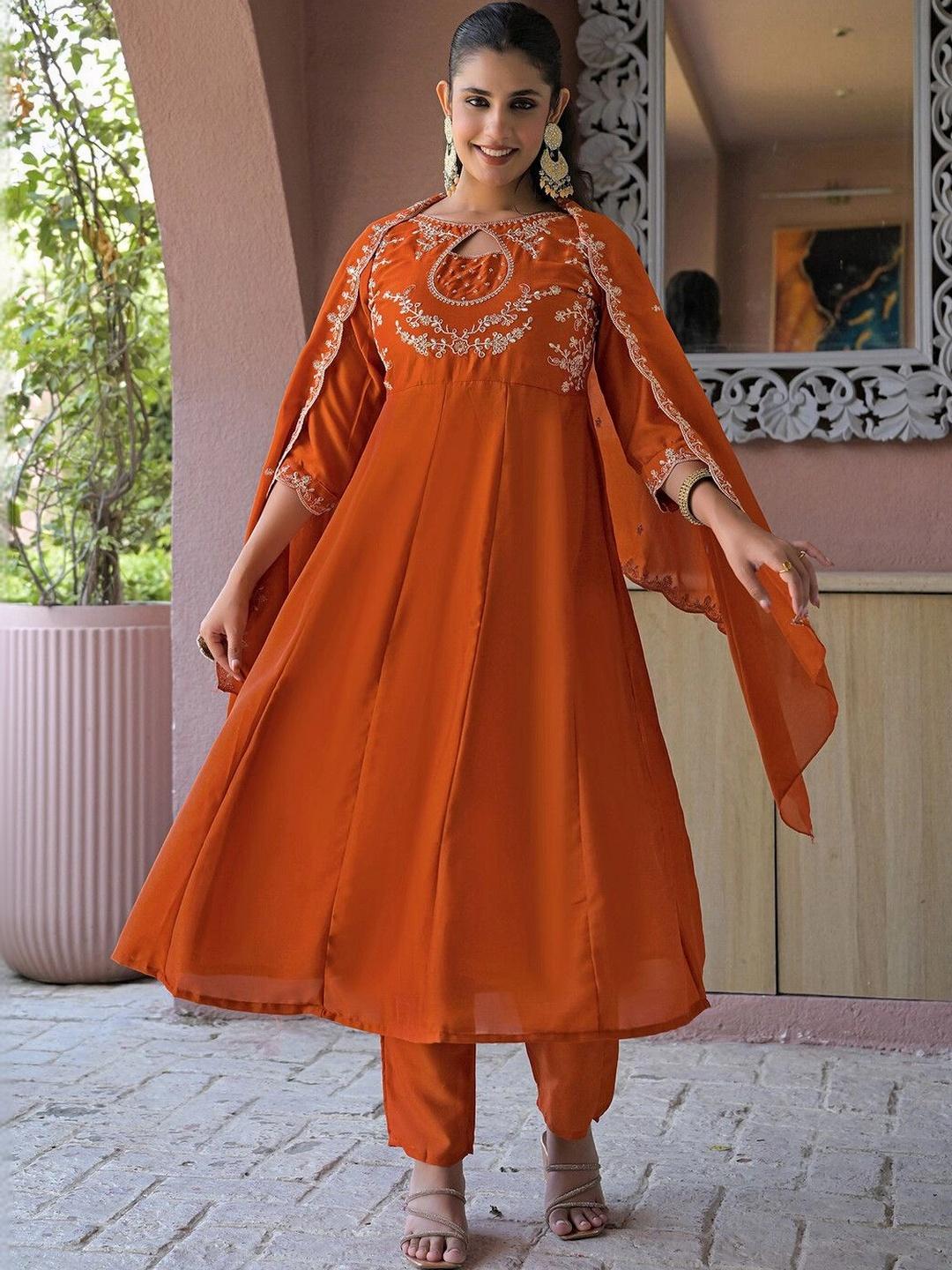 Buy SKYLEE Embroidered Rust Chinon Kurta Set For Women With Dupatta ...