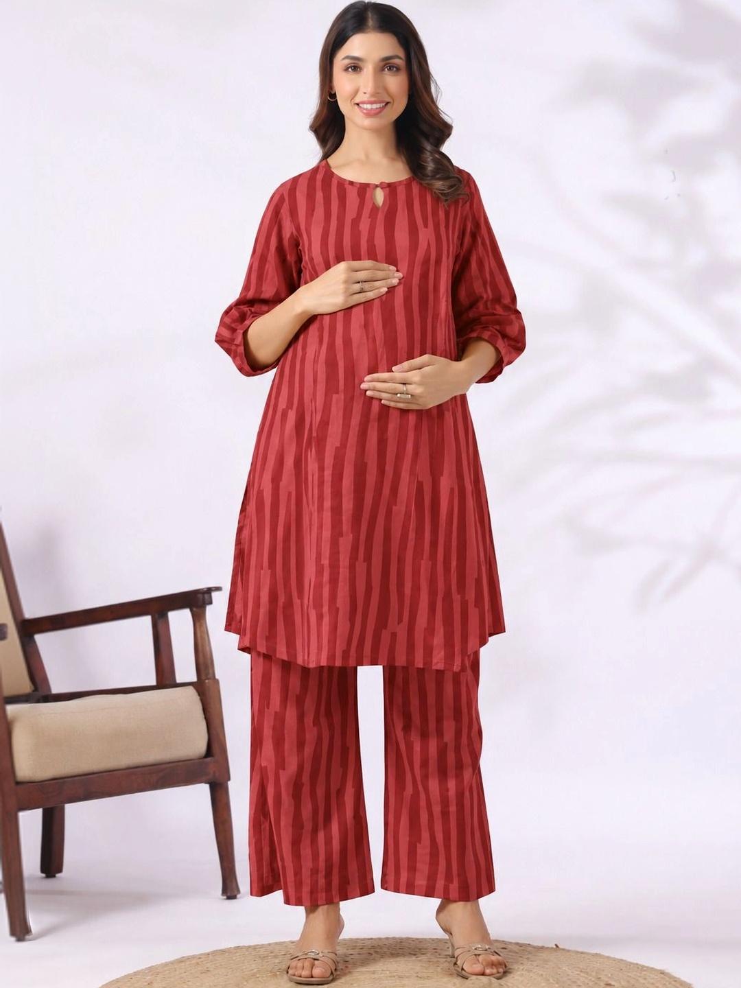 Buy CRAFIQA Rust Abstract Stripe Cotton Maternity Nursing Co Ord Set ...