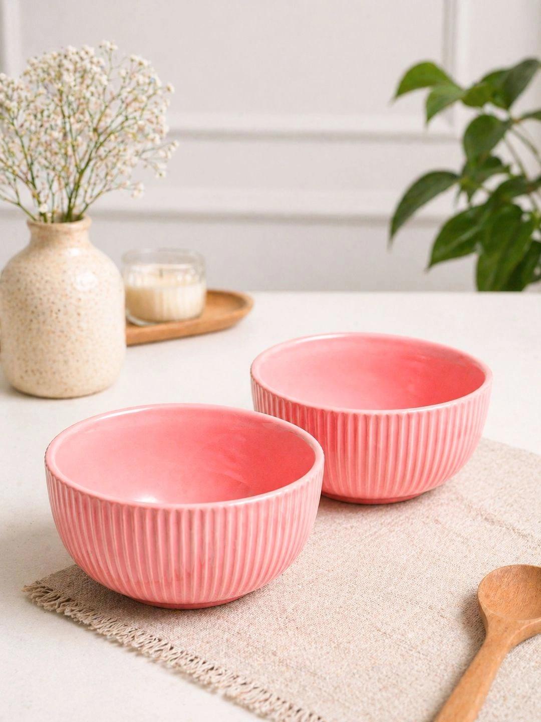 Buy MARKET99 Set Of 2 Fluted Round Pink Ceramic Soup Bowl 520 Ml Each -  - Home for Unisex