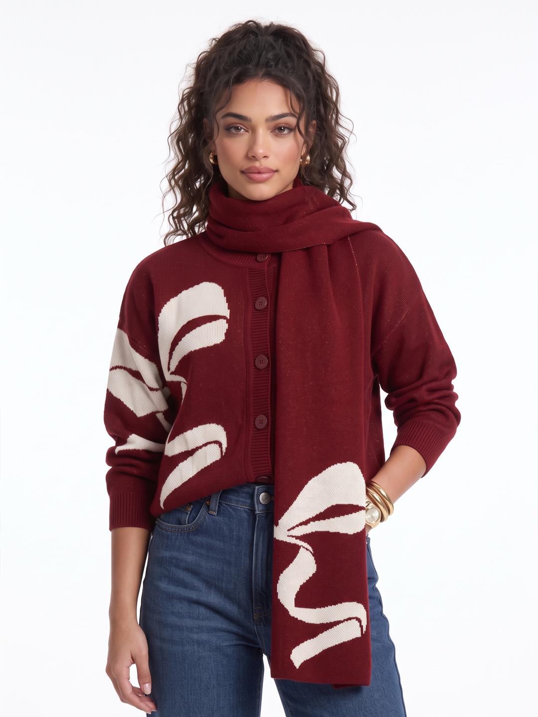 Buy Glitchez Oversized Self Design Abstract Cardigan Sweater With Scarf ...