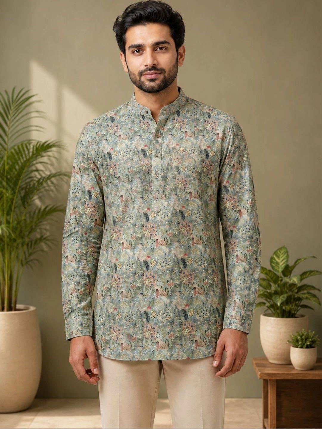 Buy EKATVA ETHNIC Green Floral Printed Mandarin Collar Straight Short ...