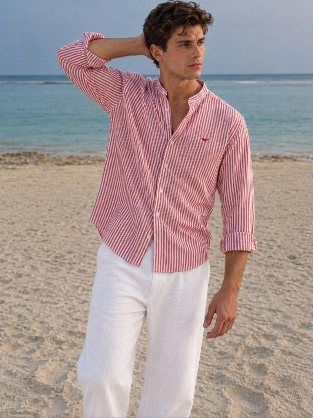 HAMPTONS Striped Mandarin Collar Cotton Shirt - Image 1