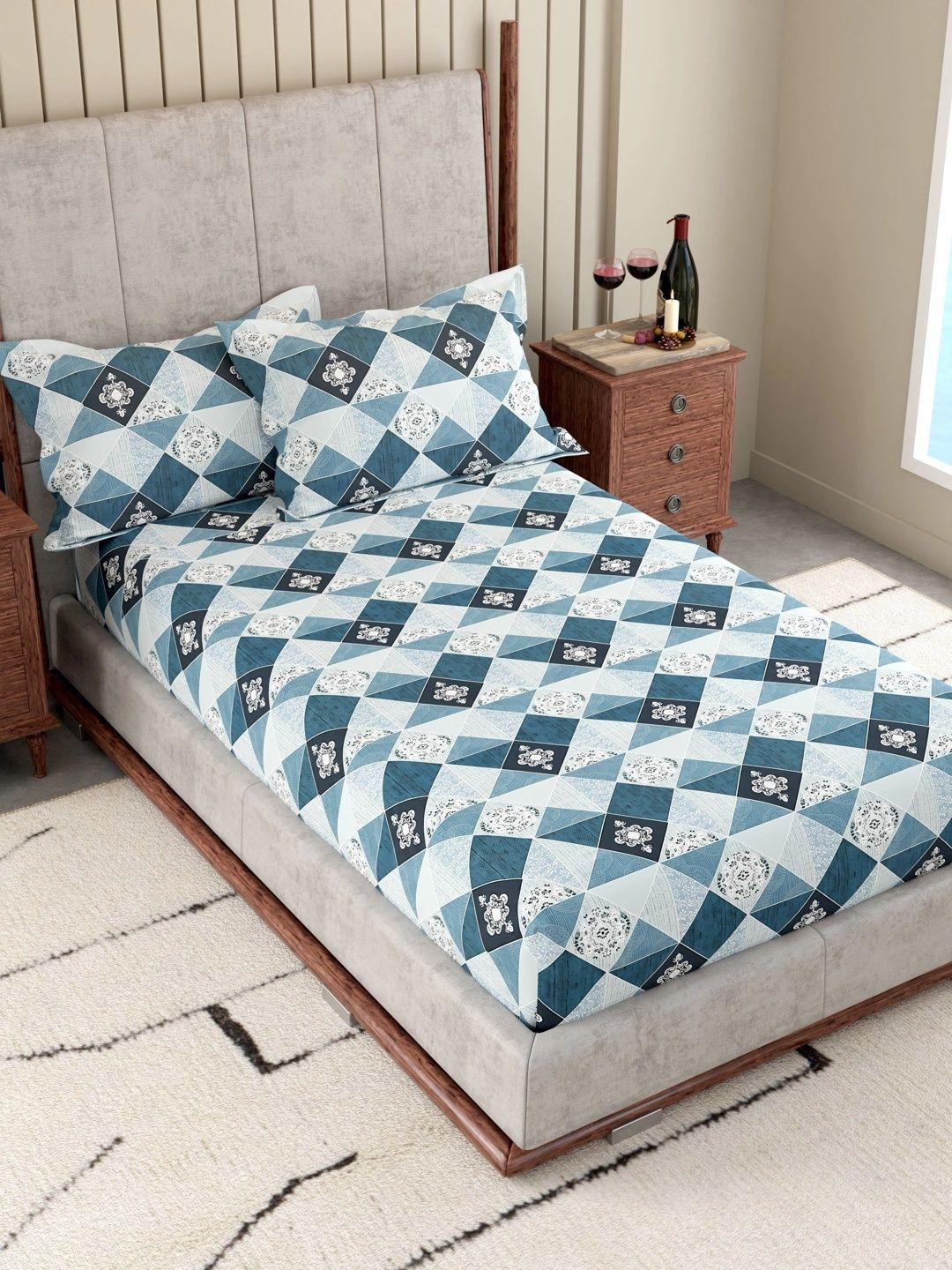 Buy Pure Decor White & Blue 180 TC Single Bedsheet With 2 Pillow Covers - - Home for Unisex